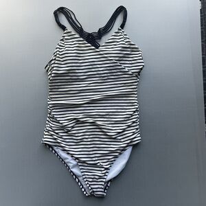 One-Piece Swim Suit Women's Size L  Kona Sol Nautical Blue White Stripes Tank